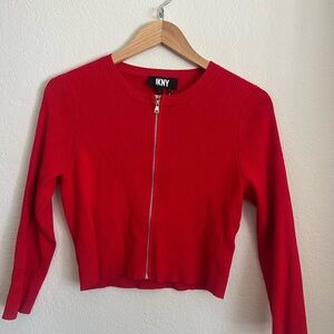 DKNY Red Ribbed Zip-Front Cropped Sweater